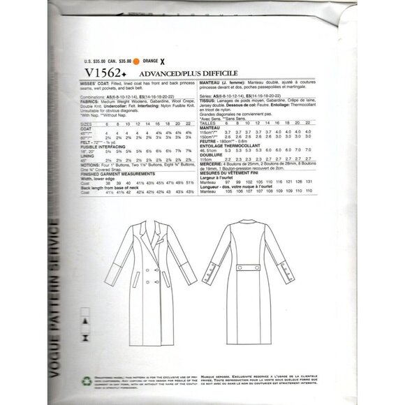 LiaLia Vogue V1562 Womens 14 to 22 Double-Breasted Lined Coat Pattern - Picture 2 of 2